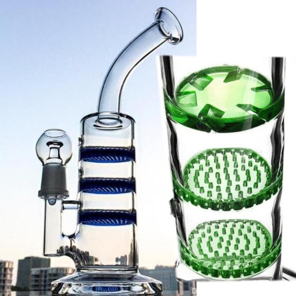 Newest Blue/Green Long bongs Glass Pipe 3 layers honeycomb Perc Vaporizer smoking Pipe Glass Pipe Helix Glass bongs with 14 mm Joint