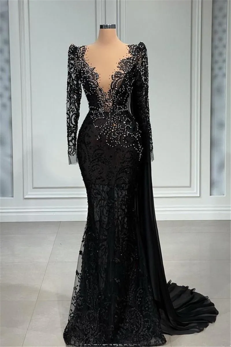 Vintage Black Lace Mermaid Evening Dresses With White Beads Sheer Deep V Neck Long Sleeve Appliques Ocn Party Gowns Prom Vestidos Bc14999 0514