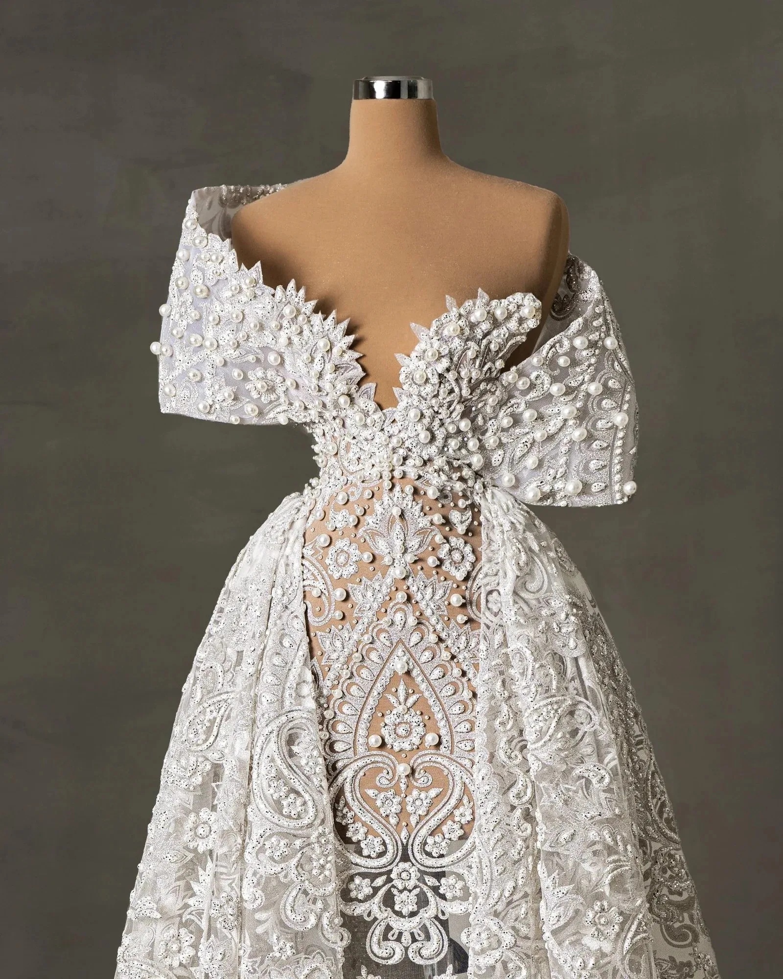 Shoulder Wedding Off Dress Pearl Strapless Mermaid Bridal Gowns Detachable Train Illusion Short Sleeves Bride Dresses Custom Made Es 0914