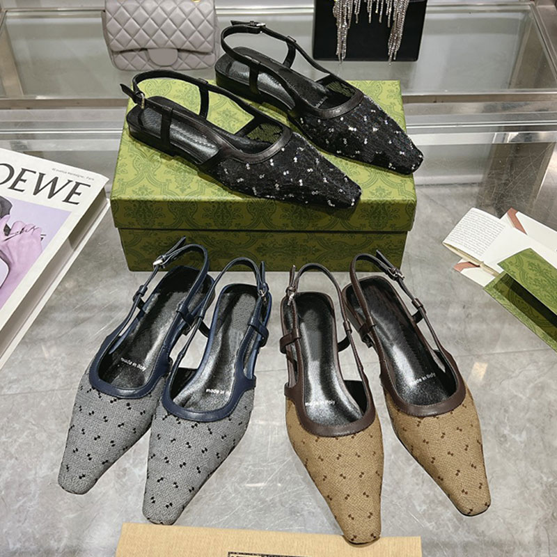 New Crystals Designer Shoes Women Shoes Slingback Ballet Flat Sandals Rhinestone Square Toes Low Heels Pumps Mesh Sheer Fabrics Luxury Dress Shoes Lace Edge Fashion