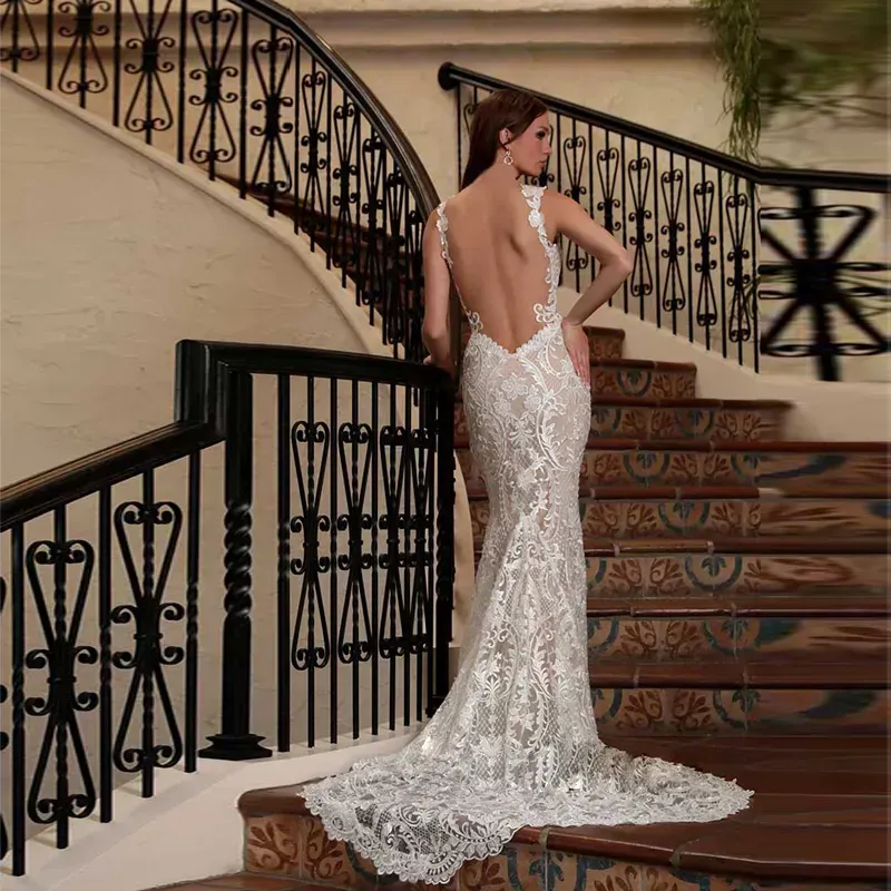 Sexy See Through Back Mermaid Dresses With Detachable Full Lace Bridal Gown Spaghetti Strap Remove Train Castle Wedding Gowns