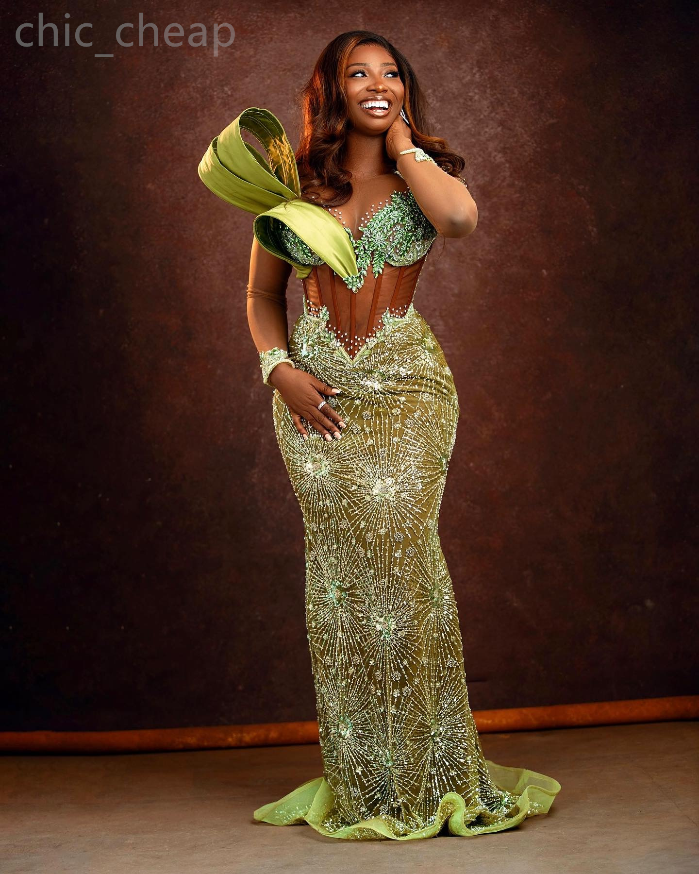 2024 Aso Ebi Green Illusion Mermaid Prom Dress For Black Women Evening Formal Party Second Reception 50th Birthday Engagement Gowns Dresses Robe De So