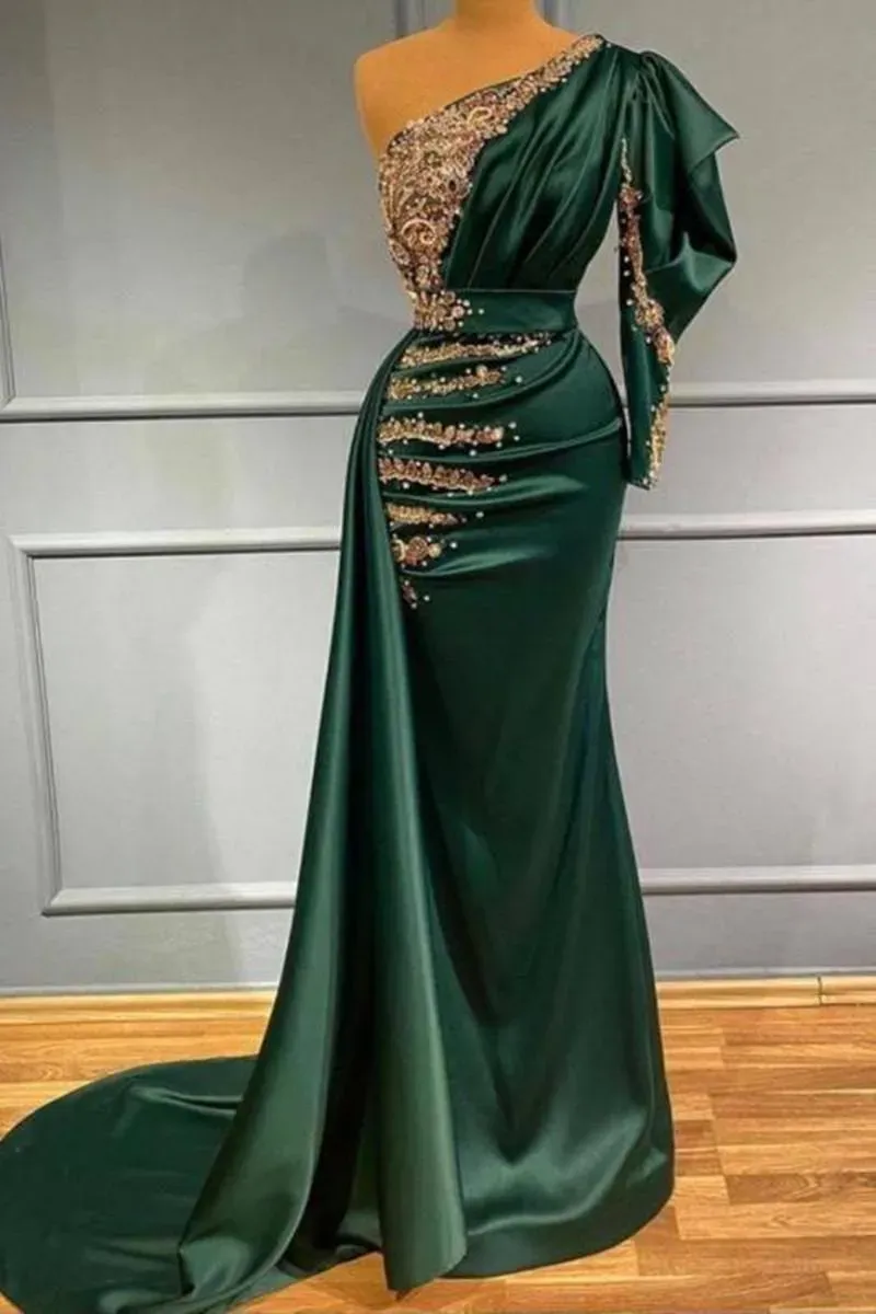 Dark Green Satin Mermaid Evening Dresses with Gold Lace Appliques Pearls Beads One Shoulder Pleats Long Formal Party Ocn Prom Gowns Women BC11143