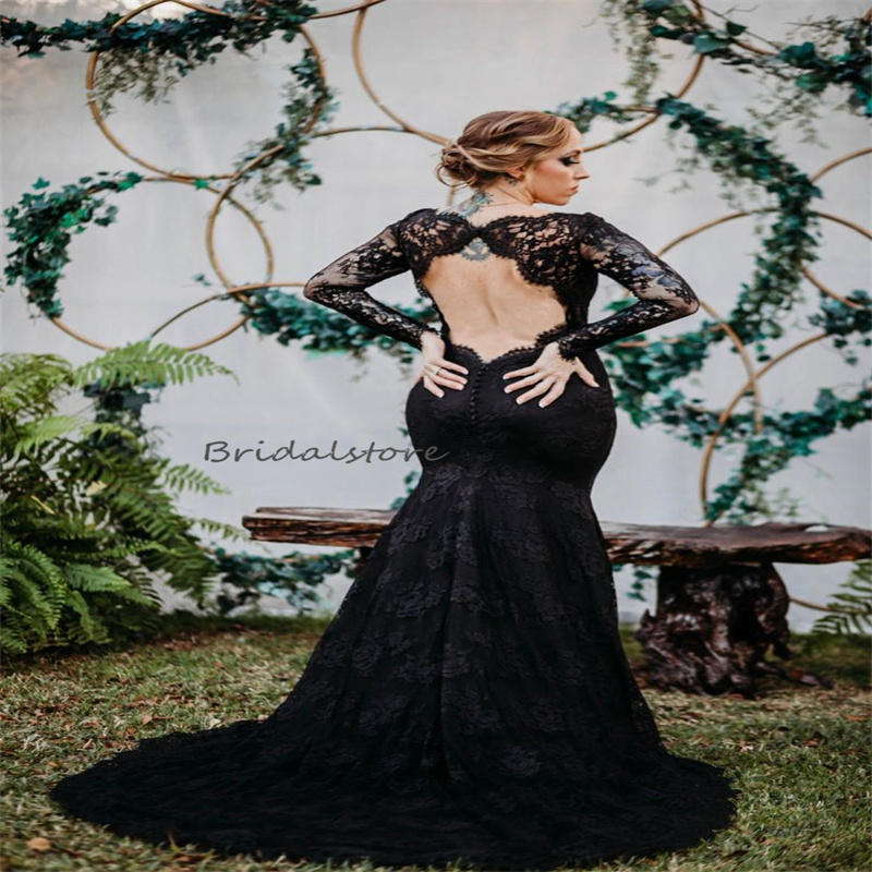 Vintage Black Gothic Wedding Dress 2024 V Neck Long Sleeve Mermaid Halloween Bridal Dress Open Back Full Lace Boho Country Civil Bride Robes De Mariee