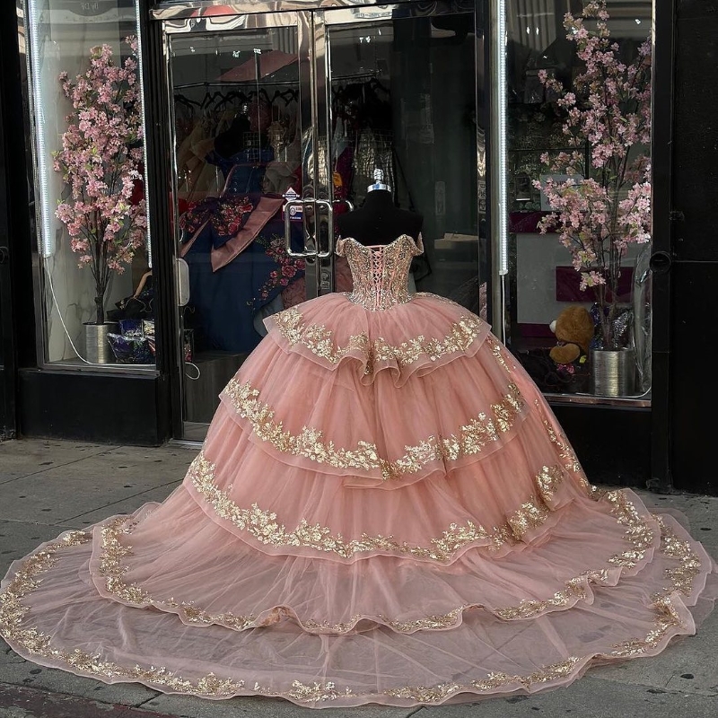 Pink Shiny Quinceanera Dresses Ball Gown Sequin Gold Appliques Lace Beading Crystal Sweet 16 Dress Vestido De 15 Anos