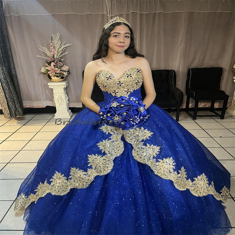Glitter Blue Quinceanera Dress 2024 Ballkleider Sparkle Vestido De 15 Xv Anos Debutante Birthday Dress With Gold Lace Sweet 16 Party Gown Elegant Page