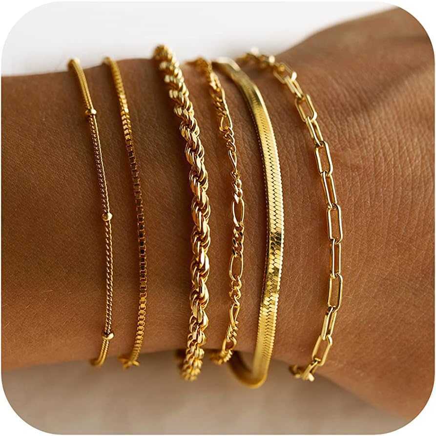 Charm Bracelets DEARMAY Gold Bracelet Waterproof 14K True Gold Jewelry Set Womens Fashion Thin and Exquisite Stackable Cuban Chain Paper Clip Chain Bracelet Bag
