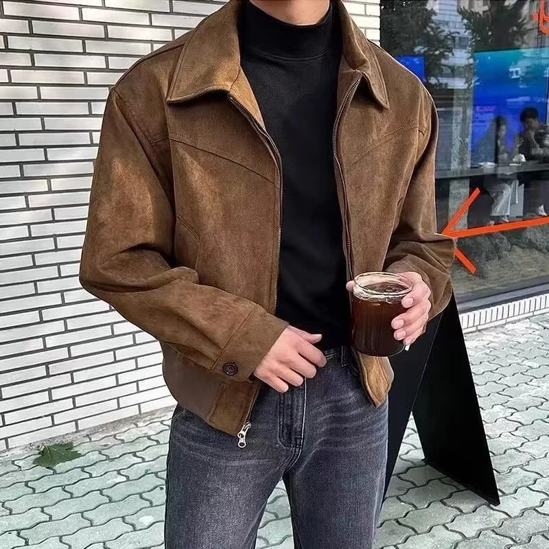 Elegant Solid Brown Coat Mens Spring Autumn High-end Loose Lapel Plush Top Winter Zipper Short Jacket Vintage Streetwear 240227
