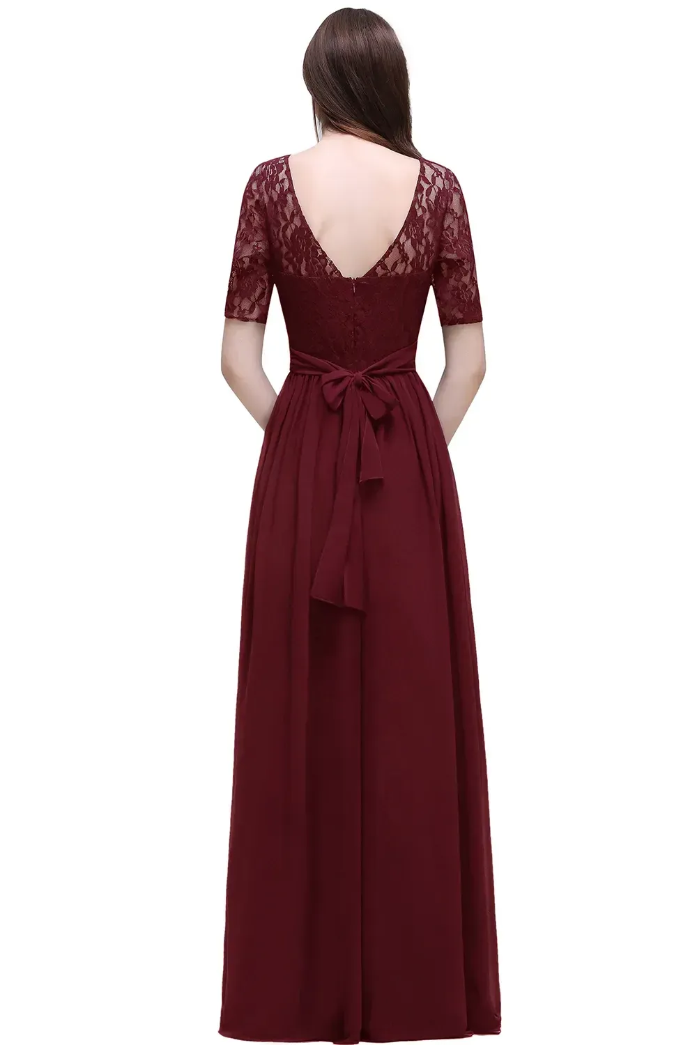 Bury Bridesmaid A 3/4 Aleeved Chiffon Dress With Lace Bodice Illusion Sleeve Fully Ed Zip Up Back Dresses Cps522 Lz0304