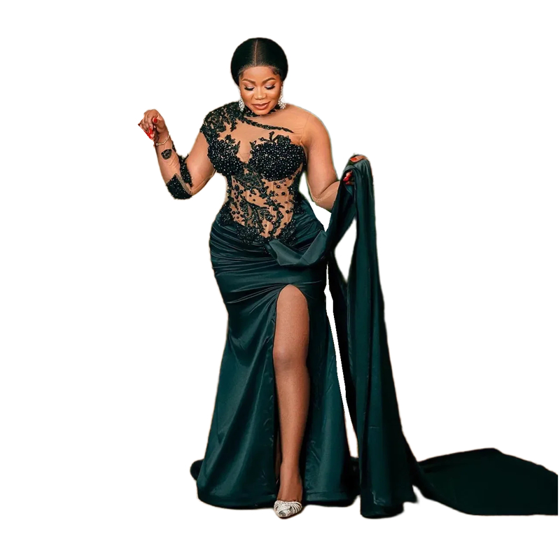 Elegant Hunter Green Mermaid Evening Dresses Illusion Top Pearls Beaded Lace Appliques Aso Ebi African Arabic Sexy Prom Dress Side Split 2024 Special 