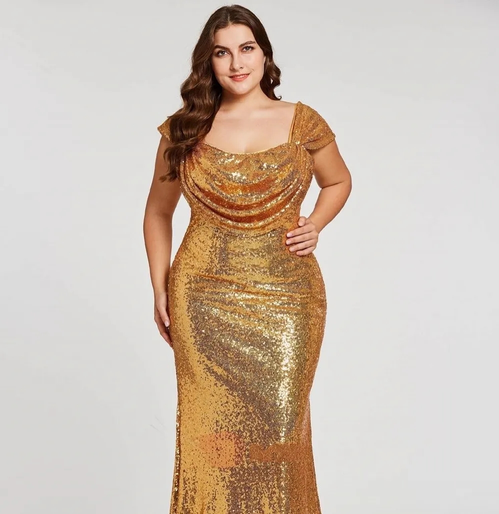 Mermaid Evening Dresses Sparkly Gold Sequined Plus Size Prom Square Neck Zipper Back Floor Length Ruched New Pageant Dress