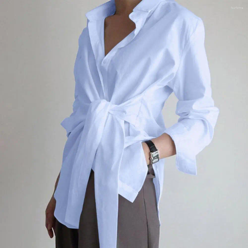 Women's Blouses White Black Blue Waist Lacing Buttons Asymmetric Shirt Women Chic Turn Down Collar Tops Long Sleeve Fashion Bluas