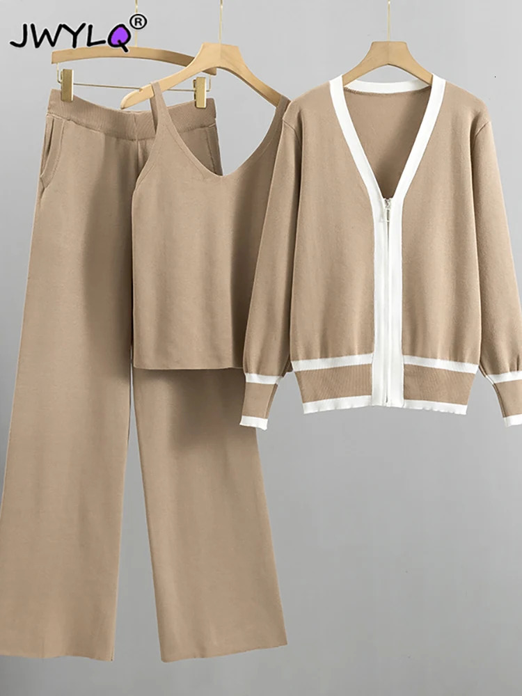 2023 Korean Fashion Vneck Zipper Knitted Coatsvestwide Leg Pants Threepiece Set Women Casual Streetwear Tracksuit 240304