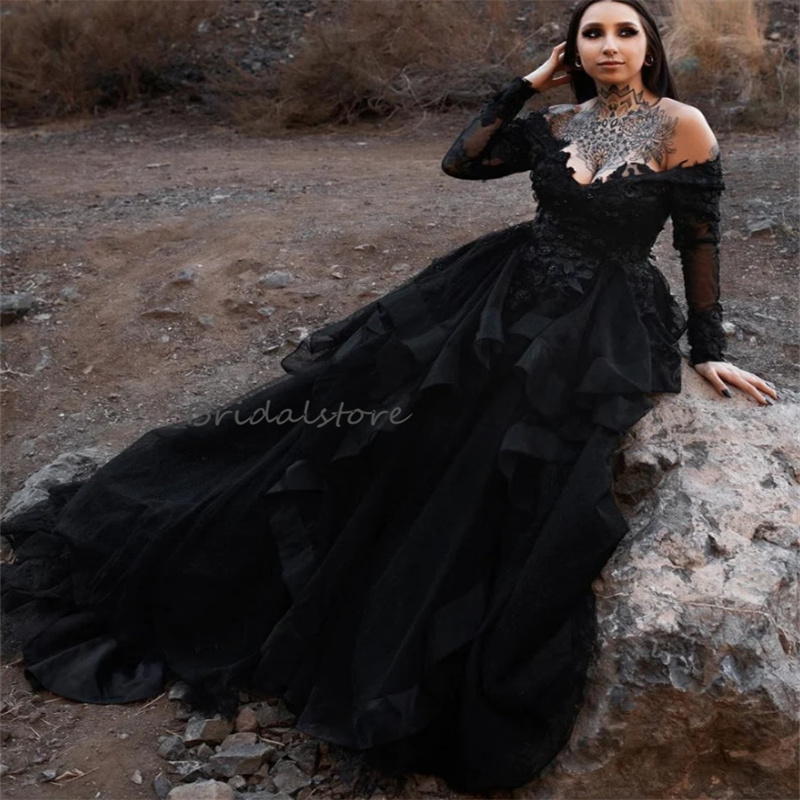 Gorgeous Black Gothic Wedding Dress 2024 Off Shoulders Luxury Ruffles Long Sleeve Bridal Gowns Backless Lace Appliques A Line Tulle Bride Dress Vestid