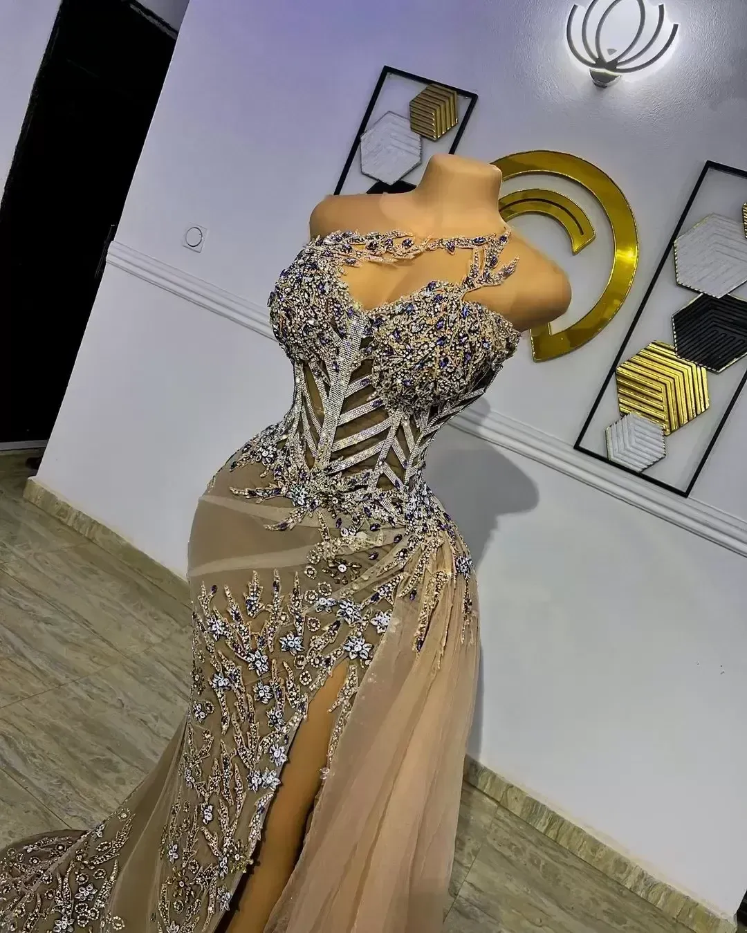 Size Plus Arabic Aso Ebi Gold Urious Mermaid Prom Beaded Crystals Evening Formal Party Second Reception Birthday Engagement Gowns Dresses