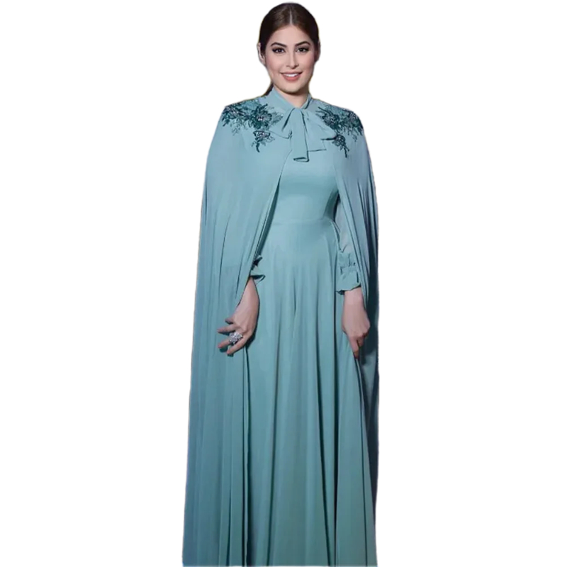 Elegant Arabic Chiffon Long Sleeve Evening Dresses With Long Cape Wrap Lace Appliques Floor Length A Line Formal Occasion Gowns Modest Muslim Prom Par