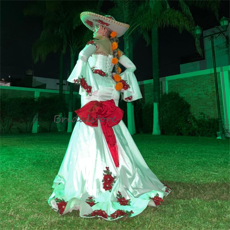 Unique Mexican Wedding Dress With Rose Flowers Beaded Mermaid Boho Civil Bridal Dresses Long Sleeve Vestido De Novia Vestido De Casamento Robe Mariee 