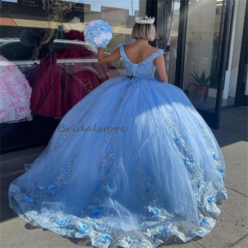 Elegant Blue Quinceanera Dress With Florals 2024 Off Shoulders Lace Ball Gown Princess Fifteen Vestidos De 15 Xv Anos Para 2024 Luxury Sixteen Birthda