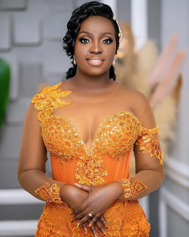 Aso Ebi Arabic Orange Mermaid Prom Dress Sequined Lace Evening Formal Party Second Reception Birthday Engagement Gowns Dresses Robe De Soiree