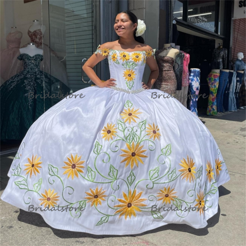 Sunflowers Embroidered Quinceanera Dresses Traditional Culture Charro Mexican Vestidos De Novia Mexico With Bow Vestidos De 15 Xv Anos Para Quinceaner