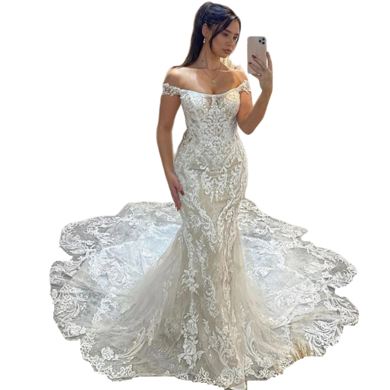 Boho Lace Mermaid Wedding Dresses Chapel Train Off The Shoulder Sexy Beach Bridal Gowns Sleeeless Bohemian Bride Formal Wear 2024 Vestido De Novia 021