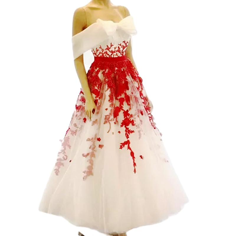 Vintage Ankle Length A-Line Wedding Dresses White And Red Off Shoulder Bridal Gowns Lace Appliques Beaded Long Bride Reception Gowns With Bow Front
