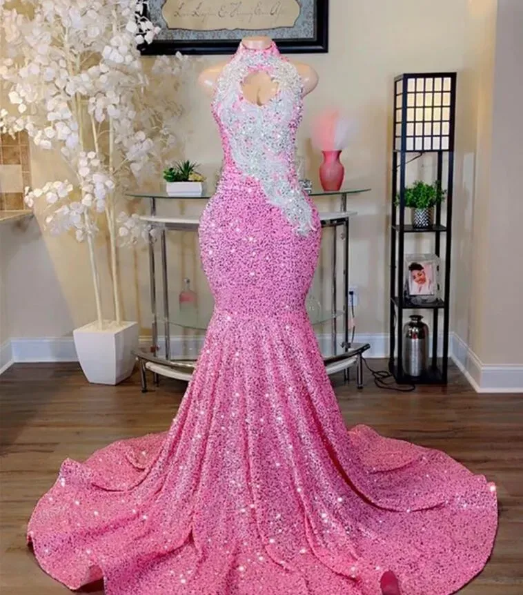 Pink Sequined Mermaid Prom Dresses For Black Girl Sier Applique Crystal Beaded Long Evening Dress Special Ocn Gowns 0219 6660305