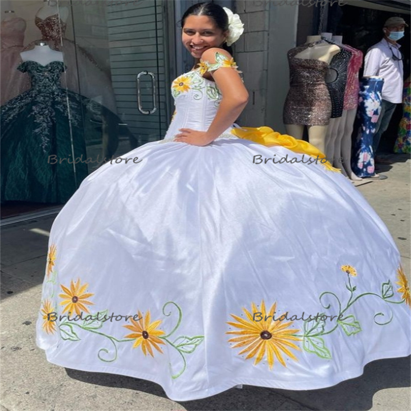 Sunflowers Embroidered Quinceanera Dresses Traditional Culture Charro Mexican Vestidos De Novia Mexico With Bow Vestidos De 15 Xv Anos Para Quinceaner