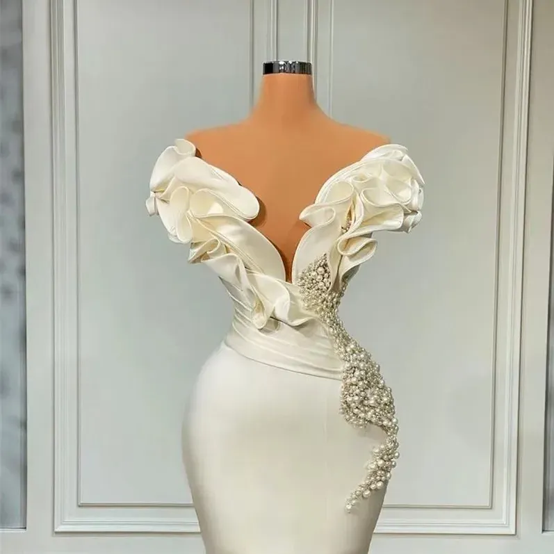 Dubai Vintage Saudi Arabia Pearls Mermaid Wedding Dresses Sexy Off the Shoulder Elegant Ivory Satin Ruffles Gowns Boho Country Reception Robes Custom