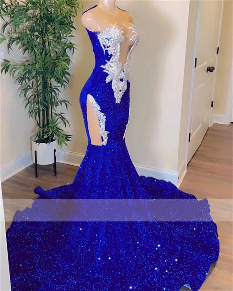 Blue Elegant Sequin Mermaid Long Prom Dresses For Black Girls Sheer Neck Plus Size Sweep Train Formal Evening Ocn Gowns