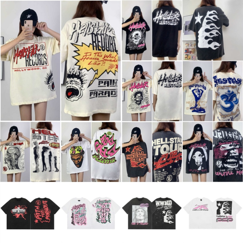 Hellstar t shirt designer graphic tee clothing t shirts clothes hipster washed fabric Street graffiti Lettering foil print Vintage Black Loose fi