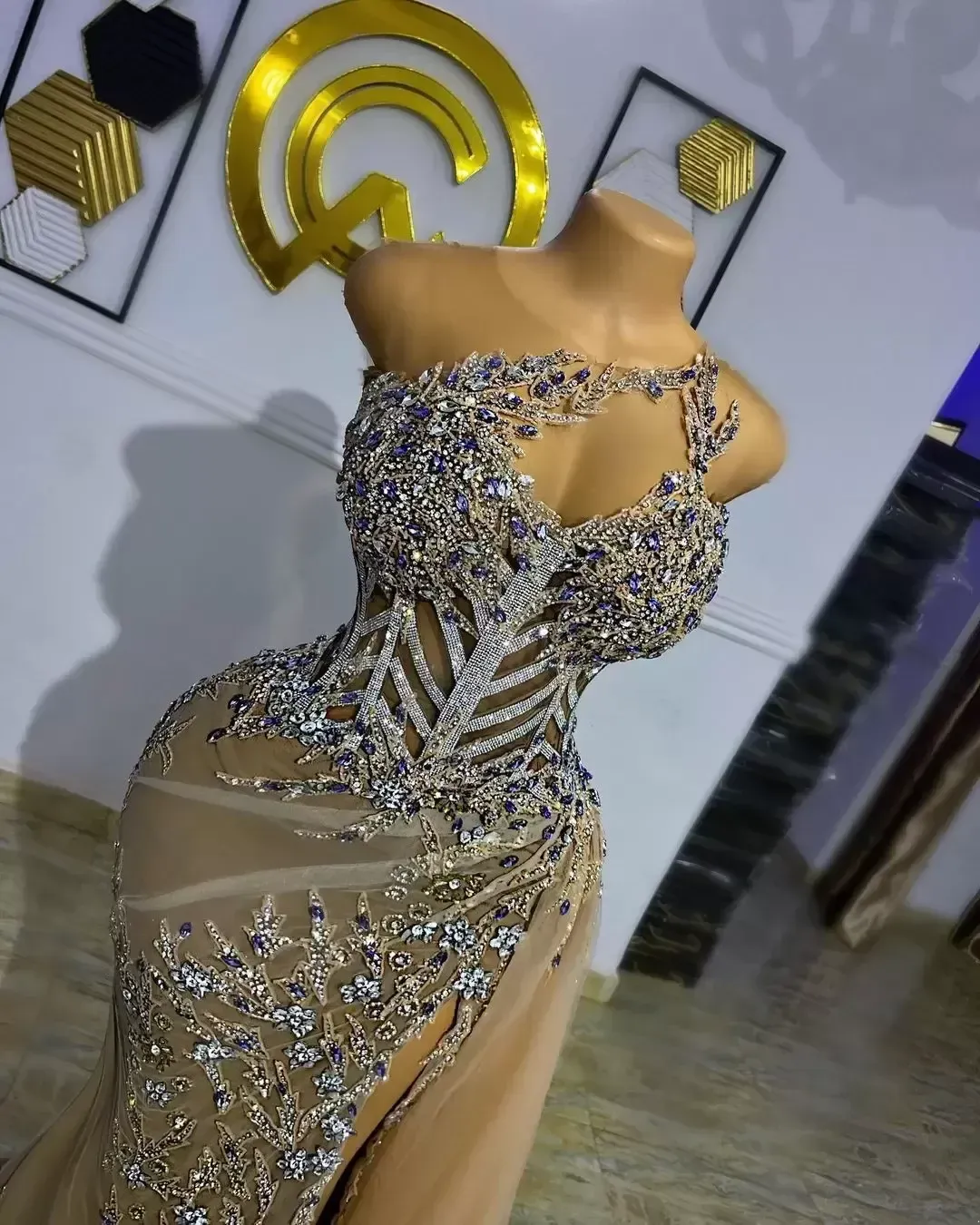Size Plus Arabic Aso Ebi Gold Urious Mermaid Prom Beaded Crystals Evening Formal Party Second Reception Birthday Engagement Gowns Dresses