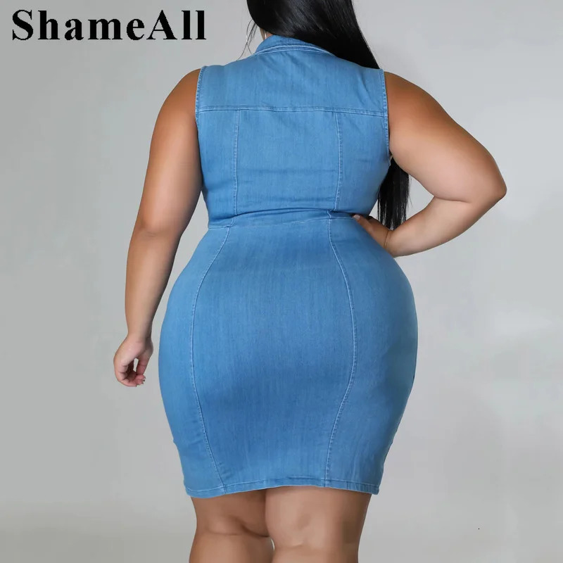 Plus Size Turn Down Collar Super Stretchy Jean Bodycon Dress 4xl Summer Front Zipper Pinafore Dress Sleeveless Club Jumper Skirt 240229