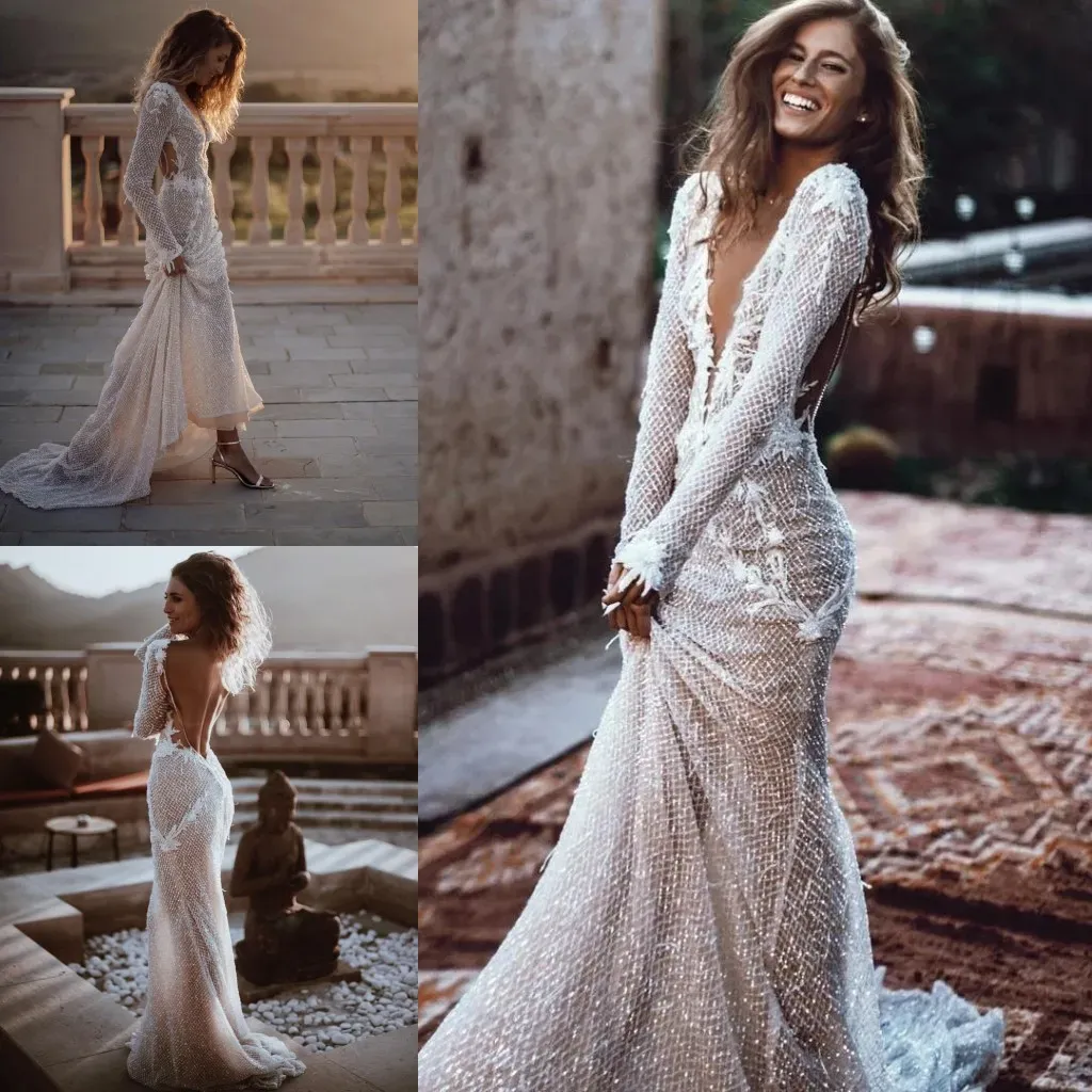 Backless Sexy Mermaid Long Sleeve Wedding Dresses Bling Sequins Beads Plunging V Neck Summer Beach Boho Bridal Gown BC15145