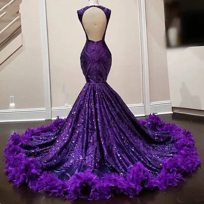 Purple Feathers Mermaid Prom For Black Girl Sequin Birthday Women Party Dresses Robes De Bal Evening Gown 0219