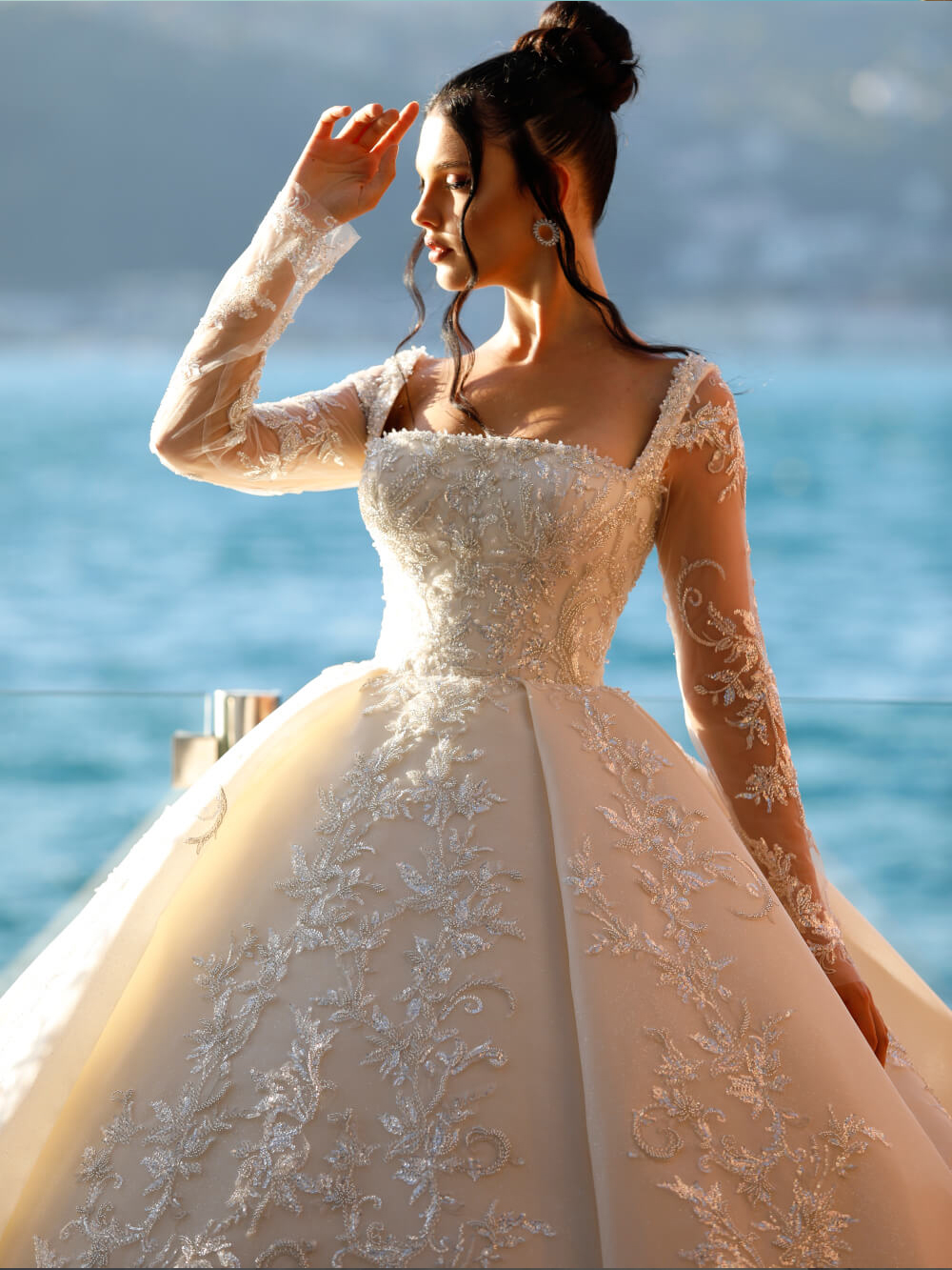 urious Beading Pearls Embroidery Sqare Collar Ball gown Wedding Dress Chaple Train Full Sleeves Back Lace Up Bridal Gowns can be customized