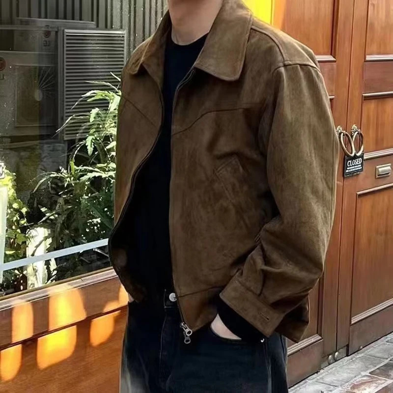 Elegant Solid Brown Coat Mens Spring Autumn High-end Loose Lapel Plush Top Winter Zipper Short Jacket Vintage Streetwear 240227
