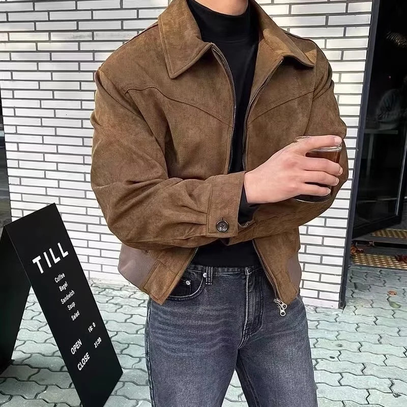 Elegant Solid Brown Coat Mens Spring Autumn High-end Loose Lapel Plush Top Winter Zipper Short Jacket Vintage Streetwear 240227