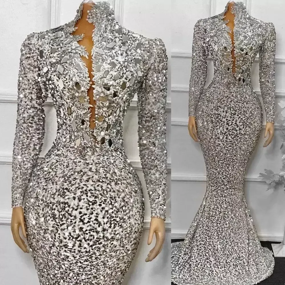 African Sier Sequins Mermaid Prom Dresses With Long Sleeves High Neck Plus Size Sparkly Beaded Evening Pageant Gowns Robe De Soiree