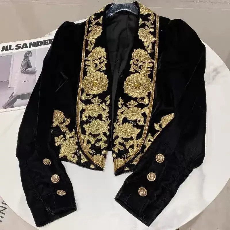 Spring Autumn Jacket Black women Small Blazer Embroidered Flower Velvet Suit Short Coat 240226