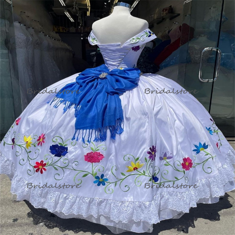 Embroidered Mexican White Quinceanera Dresses Culture Charro Vestidos De Novia Mexico With Blue Bow vestido para 15 quinceanera Robe De Mariee Boda 20