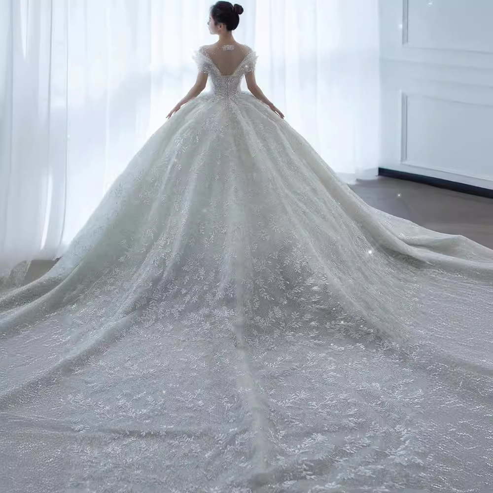 Illusion Bodice Short Sleeves A Line Wedding Dresses Crystal Lace Appliqued Sweep Train Plus Size Wedding Bride Gown vestido de novia