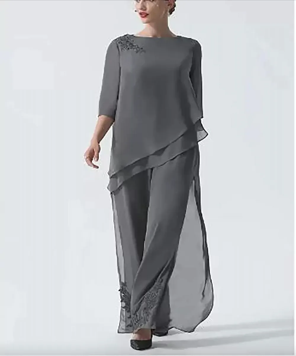 Jumpsuit Pantsuit Mother Of The Bride Dresses Plus Size Jewel Neck Or Length Chiffon Sleeve Evening Gowns Lace Appliques Women Party Formal Wear