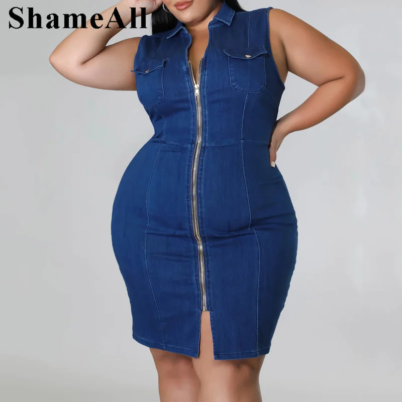 Plus Size Turn Down Collar Super Stretchy Jean Bodycon Dress 4xl Summer Front Zipper Pinafore Dress Sleeveless Club Jumper Skirt 240229