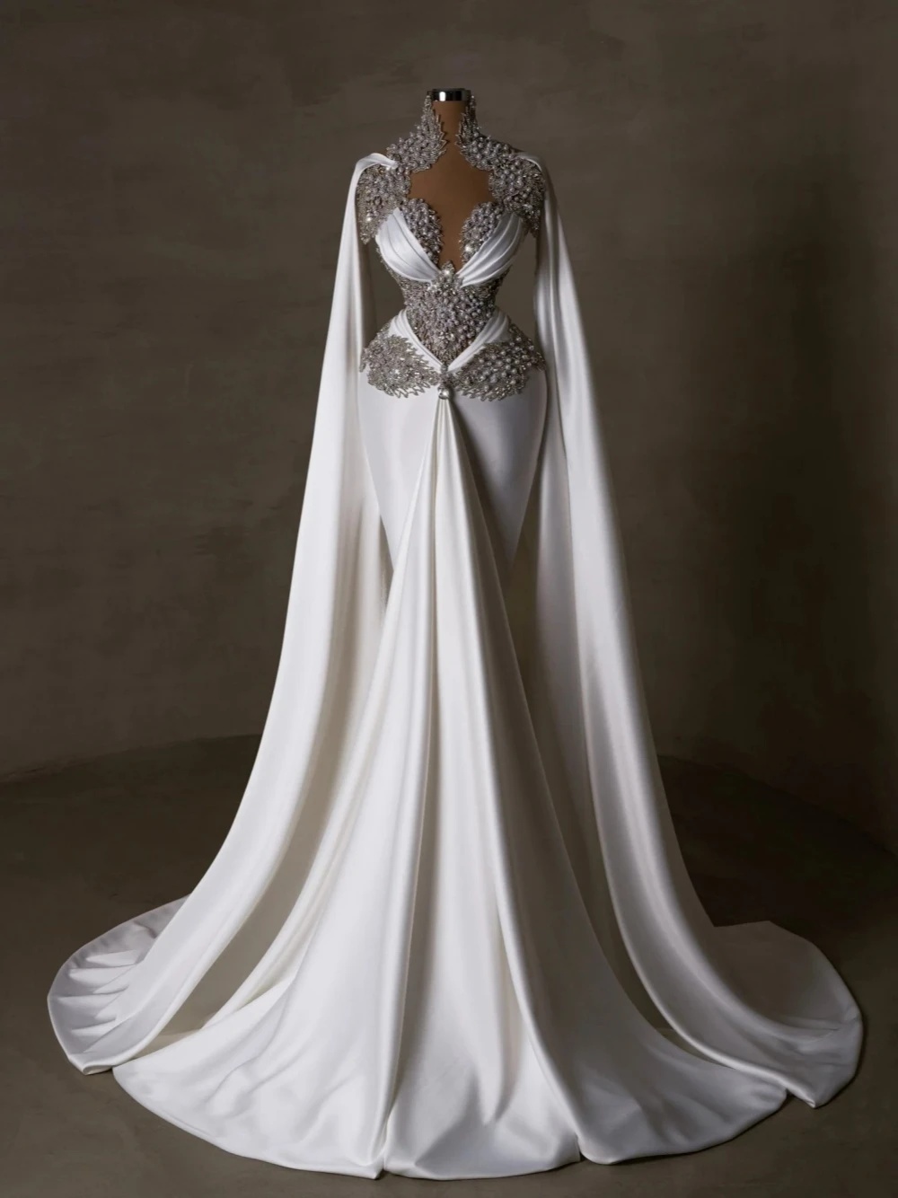 Gorgeous More Pearls Wedding Dress Pearl Crystal Beaded Mermaid Bridal Gowns with Cape Sleeve Bride Dresses Custom Made Plus Size
