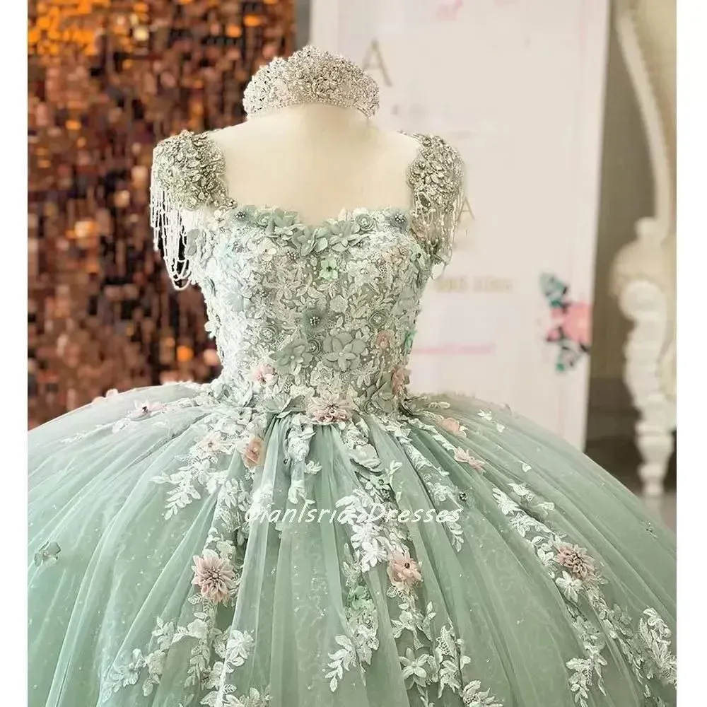 Green Mint Beading Tassel Quinceanera Dress Lace Up Corset Off Shoulder D Wers Appliques Corset Sweet Vestidos De Custom Made