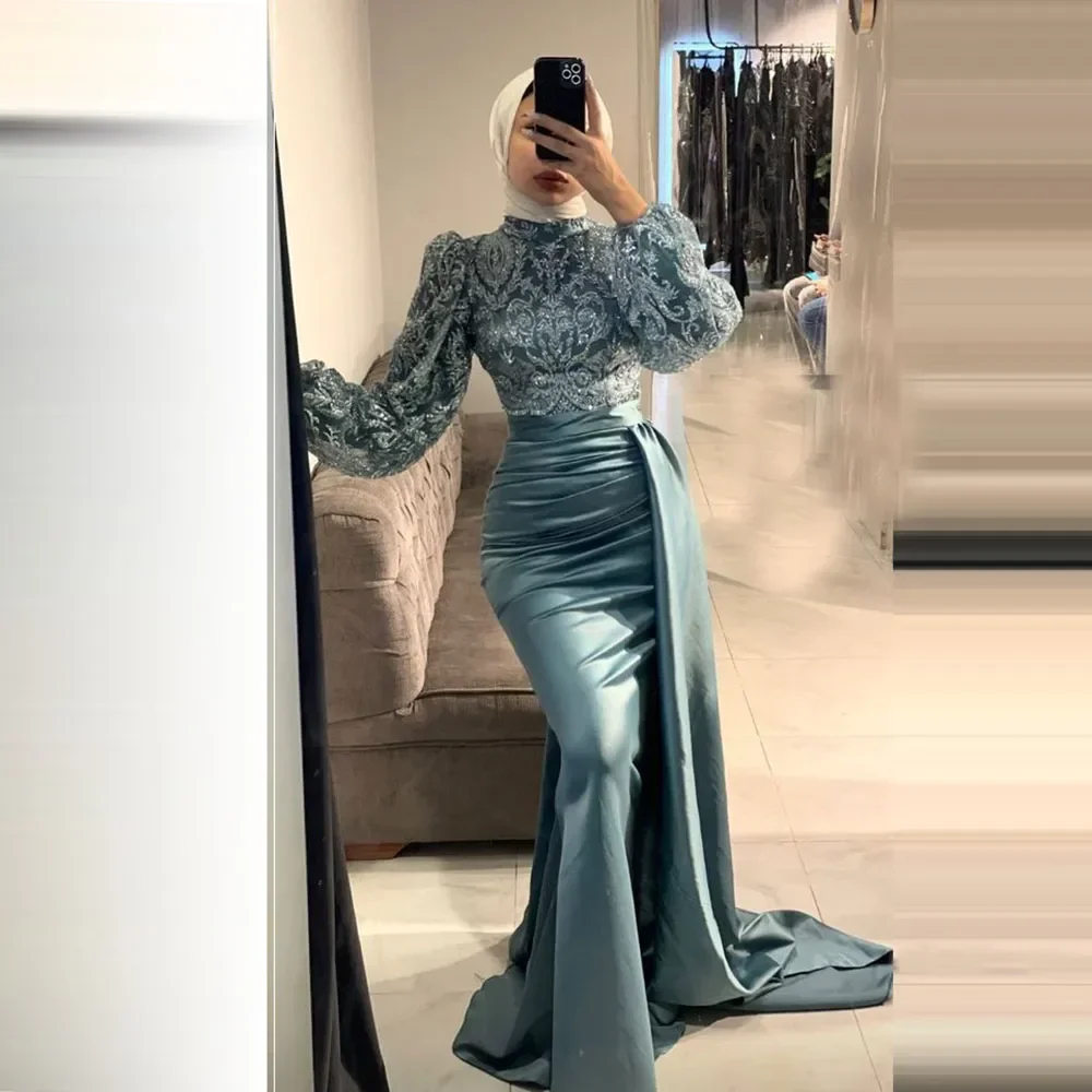 Dresses Elegant Muslim Evening High Neck Long Sleeve Mermaid Formal Ocn Gown Lace Top Pleats Satin Prom Dress for Women 2024
