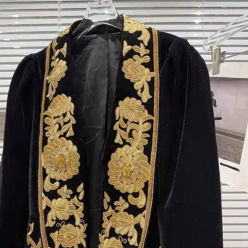 Spring Autumn Jacket Black women Small Blazer Embroidered Flower Velvet Suit Short Coat 240226