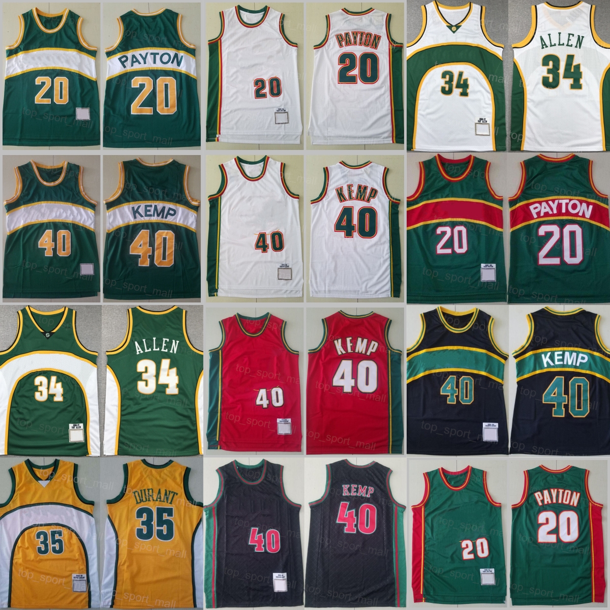 Mans Throwback Basketball Gary Payton Jersey 20 Kevin Durant 35 Shawn Kemp 40 Ray Allen 34 Team Vintage Good Quality For Sport Fans Shirts Men Uniform Red White Green