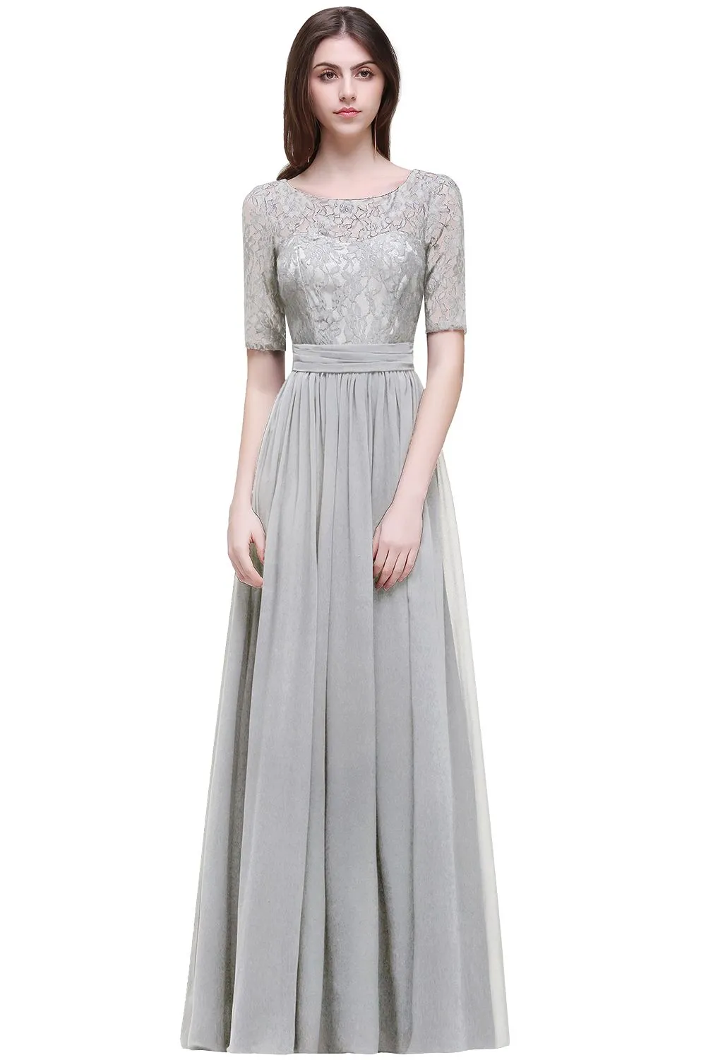 Bury Bridesmaid A 3/4 Aleeved Chiffon Dress With Lace Bodice Illusion Sleeve Fully Ed Zip Up Back Dresses Cps522 Lz0304
